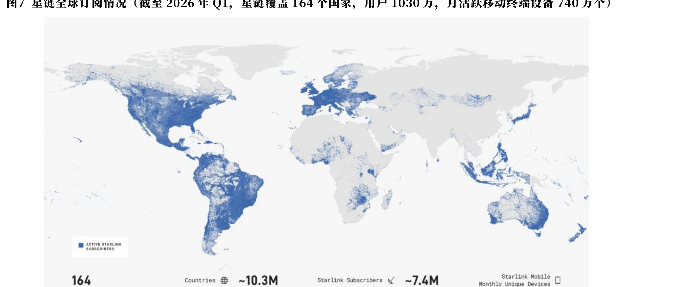 星链全球订阅覆盖热力地图，覆盖 164 个国家约 1030 万用户